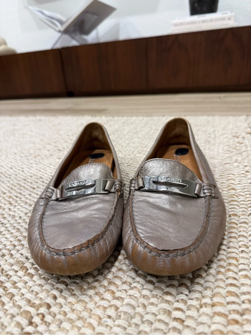 Coach Metallic Taupe Leather Moccasin Flats